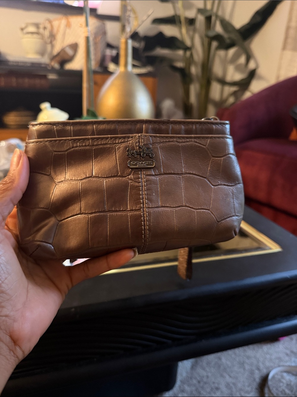 Coach Brown Croc-Embossed Leather Wristlet Pouch